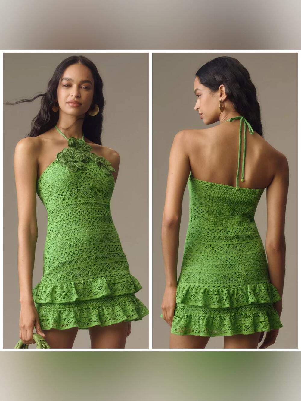 NWT Farm Rio Halter Floral Ruffle Crochet Mini Dress Medium Tiered Skirt